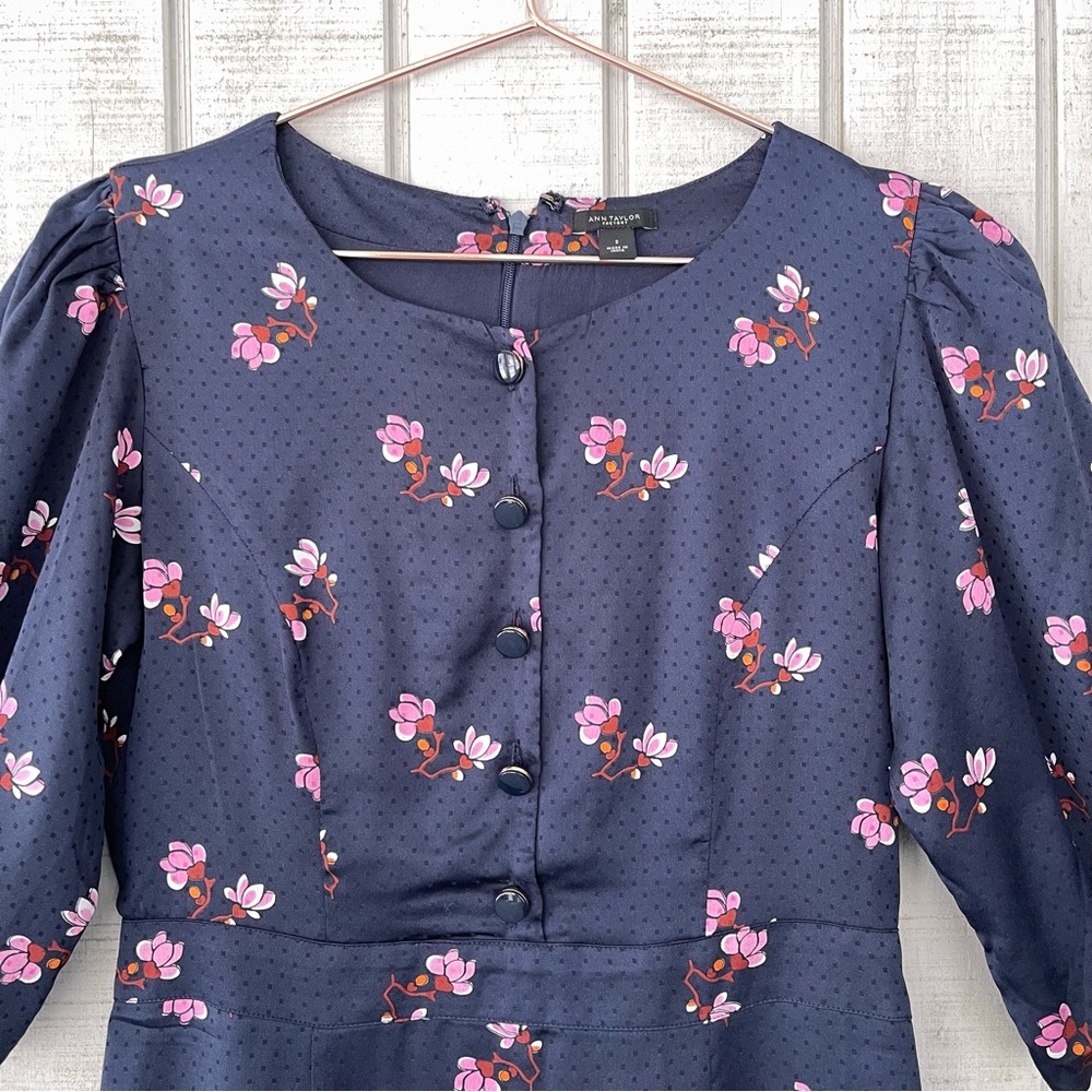 Ann Taylor Navy Floral Polka Dot Midi Dress Puff Sleeve Button Front 2 - Picture 4 of 7